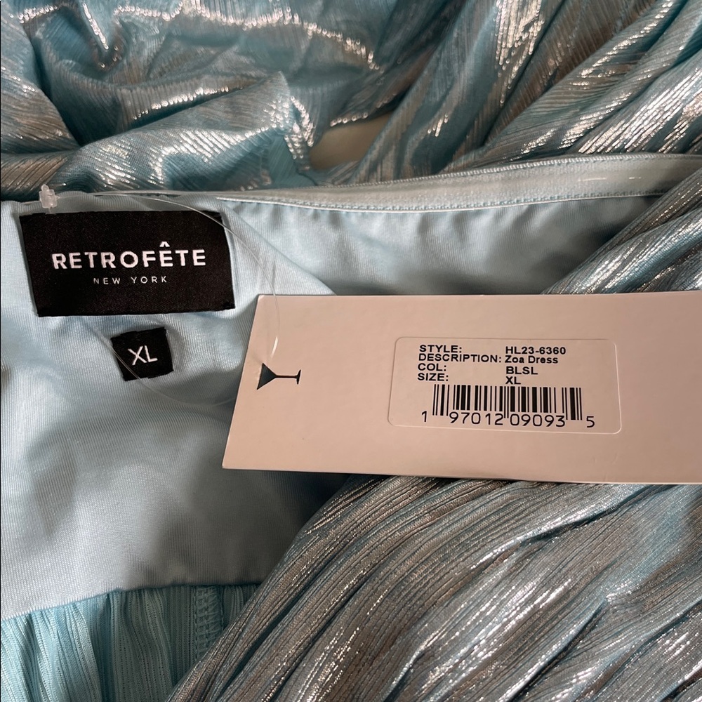 RETROFETE Zoa Strapless Pleated Metallic Blue Silver Maxi Dress Size XL - Picture 8 of 9